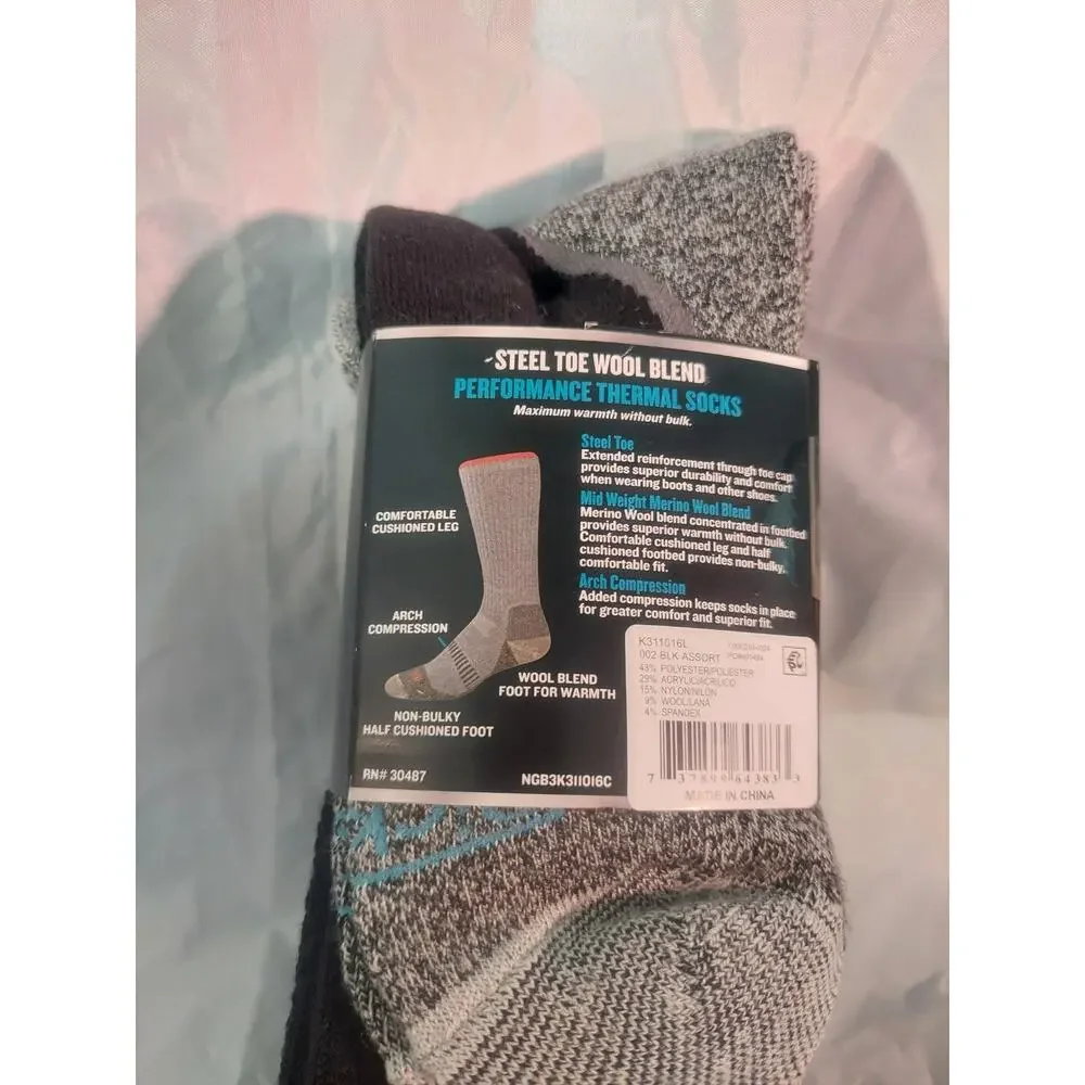 Dickies 3pr Steel Toe Blue/black Wool Blend Heavy Thermal Crew Socks SZ 6-12 NWT